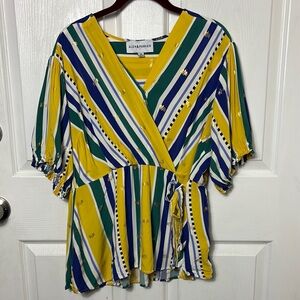 Alex & Parker yellow striped faux wrap blouse puff sleeve size 1X gold accents